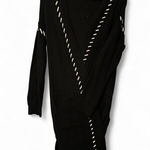 Time and Tru Black V-Neck Longline Cardigan with Cream Stitching